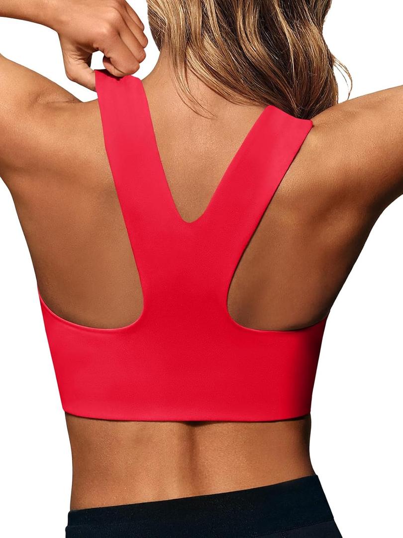 Aoysky Womens Buttery Soft Square Neck Sports Bras Compression Padded Longline Yoga Workout Running Crop Tops (Large, Red)