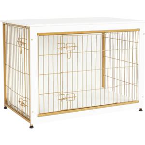 DWANTON Dog Crate Furniture with Cushion, Wooden Kennel Table with Double Doors, Indoor Dog House, Large Size, 38.5" L, White (38.5"L x 25.6"W x 26.8"H, White+Gold)