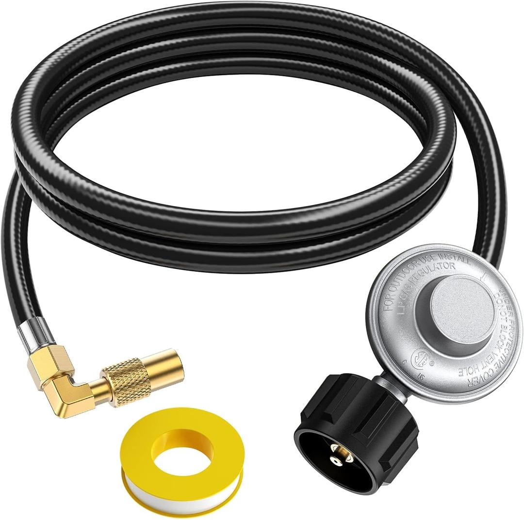 5FT Propane Adapter Hose with Regulator, QCC1 Gas Grill Regulator and Hose with Elbow Adapter for 17" and 22" Blackstone Tabletop Griddle and Most LP Gas Grill with 3/8'' Connect Fitting