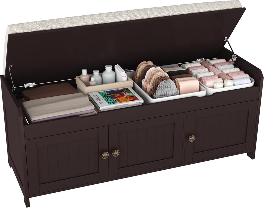 HOMEFORT 41.3" Shoe Bench with Lift Top Storage, Entryway Bench with Cushioned Seat, Wooden End of Bed Bench, Shoe Cabinet Bench with Hidden Storage Space, for Bedroom, Hallway, Espresso