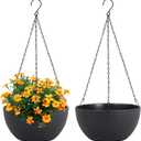 Meowell 8 inch Small Hanging Planters Plant Pots for Indoor Outdoor Plants, 2 Pack Hanging Flower Pots with Drainage Holes and Chain for Garden Porch, Plastic Hanging Baskets for House Plants, Black