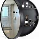 Medicine Cabinet Bathroom Space Saver Storage Round Cabinets with Mirror Surface Wall Mounted Solid Wood Circular Frame 3 Level (Color: Black, Size:20 Inch x 20 Inch