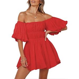Dokotoo Womens Off The Shoulder Summer Dresses 2025 Short Lantern Sleeve Ruffle Elastic Waist A-Line Casual Mini Dress, S, Red