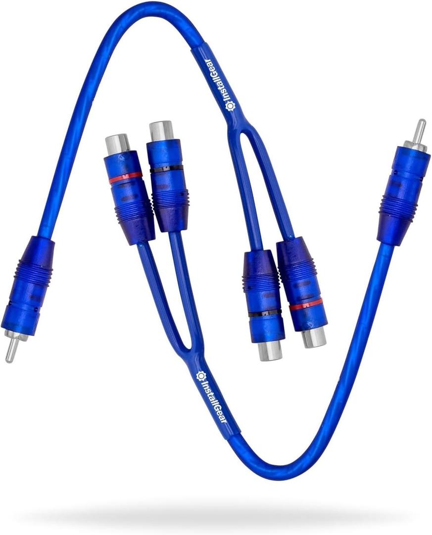 InstallGear 2 Pack RCA Y Adapter Splitter - 1ft RCA Y Splitter 1 Male 2 Female with Shielding - Connector for Car Audio, Home Theater - Durable Cable Splitters with OFC Conductor - Blue