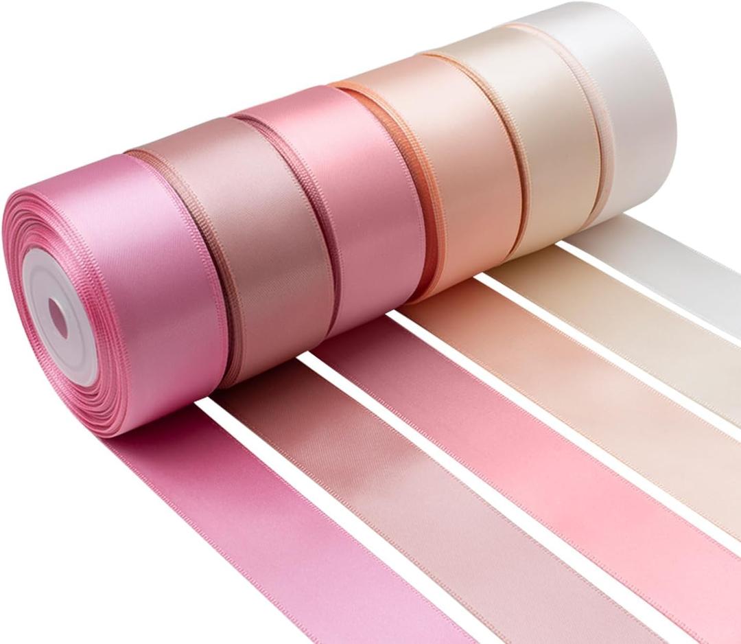 Pink Satin Ribbon 1 Inch Wide Light Pink Blush Pink Dusty Rose Ribbon Assorted Solid Color Double Faced Satin Ribbon for Flower Bouquet Wedding Invitation Crafts Gift Wrapping Hair Bows - 60Yds