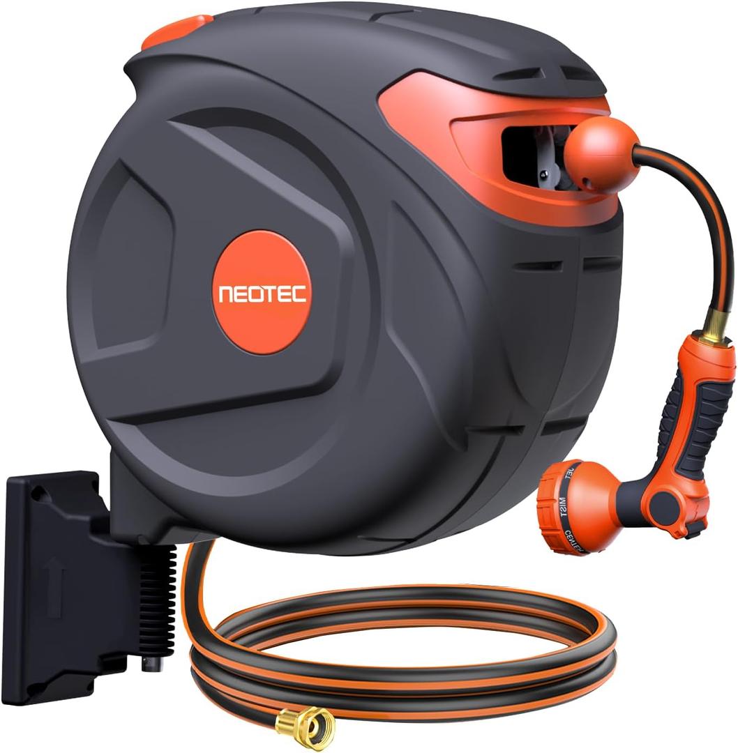 NEOTEC Retractable Garden Hose Reel 100 ft 1/2 Inch with 3-Layer PVC Hose Wall Mount Automatic Slow Return Any-Length Lock 180 Swivel Hose Reel for Large Yard