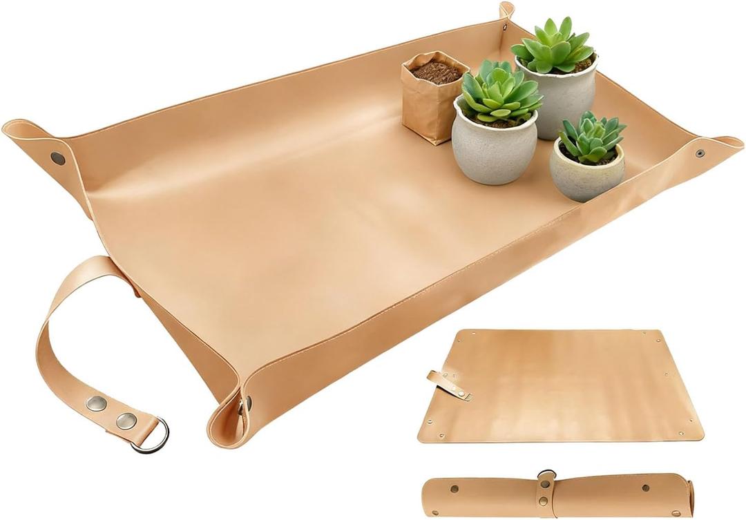 Waterproof Transplanting Mat Leather Plant Repotting Mat,Indoor Succulent Potting Mat,Thickened Foldable Plant Potting Tray and Mess Control mat(11.81 * 23.62inch) (Khaki)