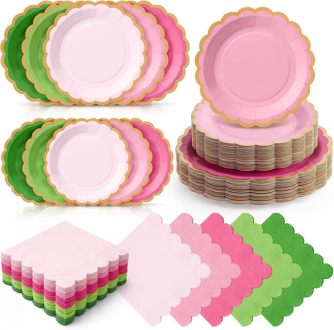 Zhehao 150 Pcs Summer Guava Plates and Napkins Tableware Serves 50 Includes 9 Inch 7 Inch Pink and Green Scalloped Wave Edges Paper Plate and Napkins for Wedding Birthday Baby Shower Party