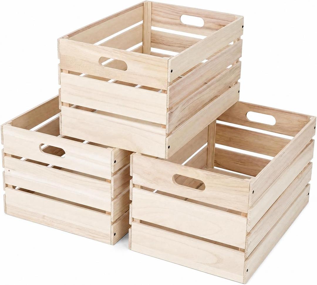 3 PCS Large Wooden Crates for Storage, 19.7"×13.8"×11" Wooden Storage Crate
