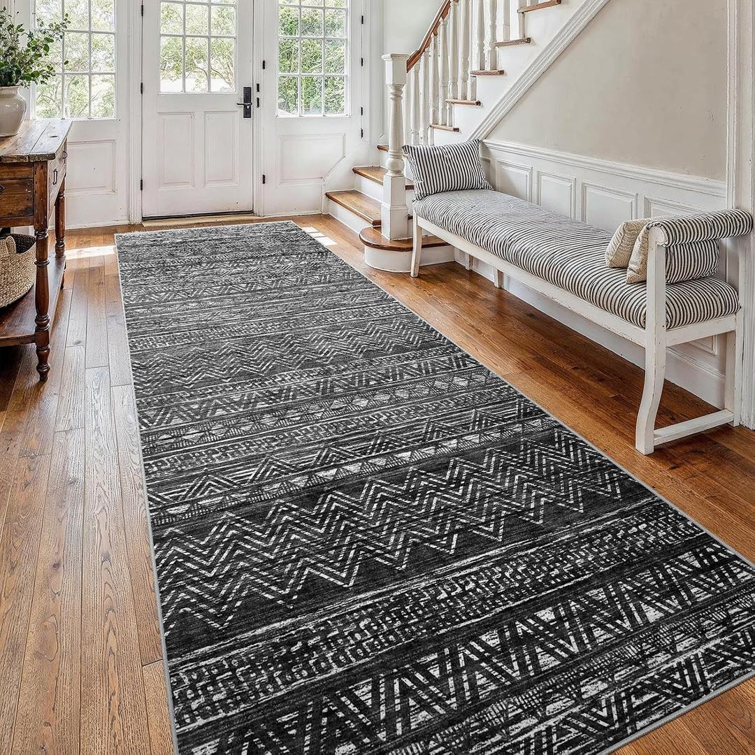 4x12 Washable Hallway Runner RugMoroccan Non-Slip Wide Runners for Entryway Kitchen Soft Modern Geometric Low-Pile Rugs for Living Room Thin Waterproof Carpet for Bedroom Bathroom Laundry(Black,4x12)