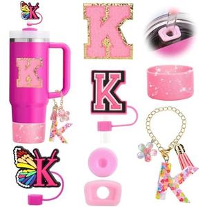 7PCS Stanley Cup Accessories Set - Pink Tumbler Initials Decorations for 30oz 40oz, Includes Bow Straw Topper, Handle Charm, Letter Sticker, Silicone Boot, Spill Proof Stopper (Letter K) Pack of 3