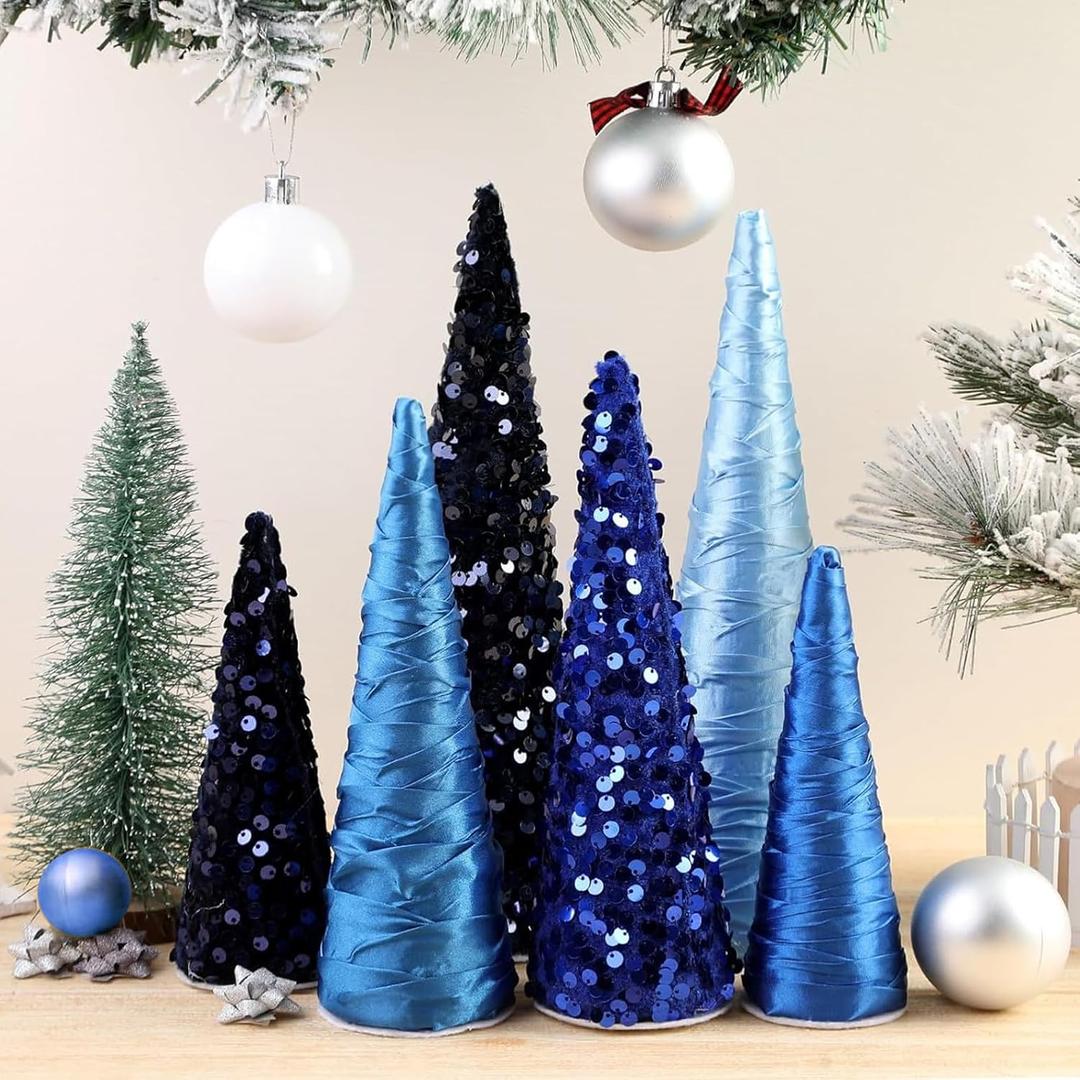 6 Pcs 10" 8" 6" Christmas Blue Cone Trees Decorations Glitter Velvet Cone Tree Centerpiece Christmas Blue Ornaments Table Centerpiece for Xmas Tabletop Crafts Wedding Party Room Decoration
