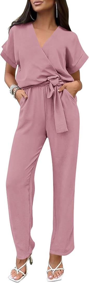 PRETTYGARDEN Women's One Piece Jumpsuits Dressy Casual Summer Short Sleeve Wrap V Neck Wide Leg Pants Romper Spring Clothes (Pink, S)