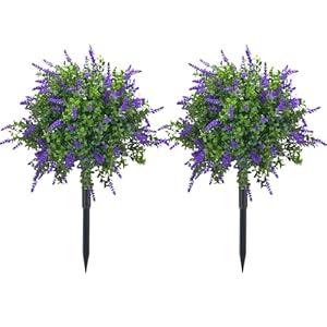 Howngyesimu 23.6" Artificial Lavender Topiary Ball Trees with Ground Spike, 2 Pack Faux Potted Plants with UV Resistant Purple Flowers for Indoor Outdoor Home Garden Patio Porch Decoration