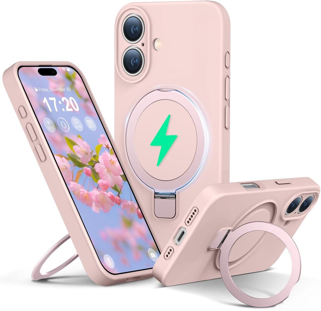 Liquid Silicone Case for iPhone 16 with Magnetic Ring Stand, [Upgraded Camera Lens Protection] [Mil-Grade Drop Shockproof] Anti-Scratch Microfiber Lining Silicone Case(Pink)