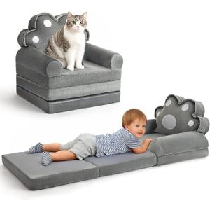 Kids Sofa Comfy, Adorable Animal Toddler Chair, Foldable Kids Couch with Removable Washable Cover, Soft & Breathable Fabric, No Assembly Needed, Foldable Baby Sofa(Grey Cat Paw)