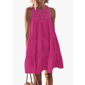 BTFBM Women Summer Halter Dresses Casual Spring 2025 Sleeveless A-Line Tiered Swing Mini Dress Beach Vacation Sundress, Size Large