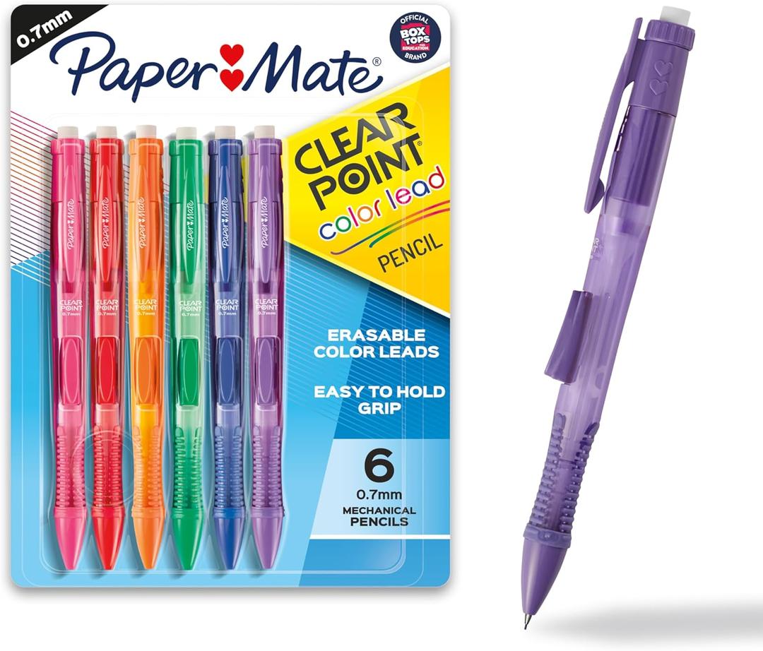 Paper Mate Clearpoint Mechanical Pencils 0.7 mm Lead Pencil Refillable Vibrant Colors Comfortable Grip 6 Pack
