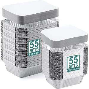 NEEBAKE 110 Pack Disposable Aluminum Pans with Cardboard Lids - 55 Pack 8x6 Foil Pans & 55 Pack 5x4 1lb Mni Tin Foil Baking Pans Tin Trays, Food Containers for Meal Prep, Cooking, Roasting, Heating (White Flat Lids)