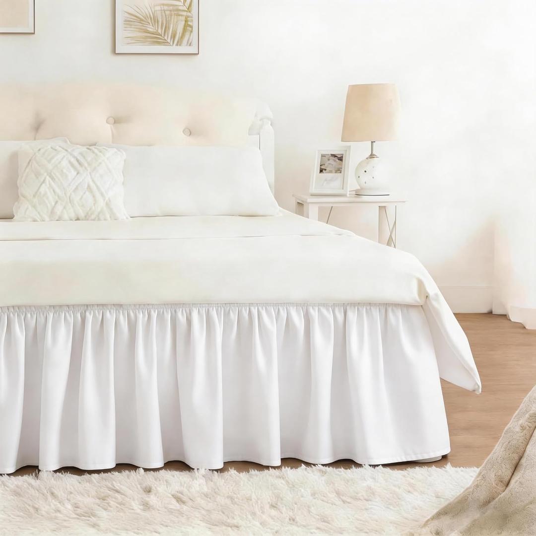 RIMELA Warm White Bed Skirt King Size 12 Inch Drop, Wrap Around Elastic Adjustable Bedskirt, Bed skirting Dust Ruffle for Bed Frame & Box Spring Soft Durable Fabric Machine Washable Easy to Install
