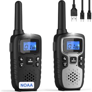 Wishouse Walkie Talkies for Kids Adults - Long Range Rechargeable 2 Way Radios, Gift, Hiking Accessories Camping Gear with Lamp, SOS Siren, NOAA Weather Alert, VOX, Easy to Use Pack of 2 (Silver Black)