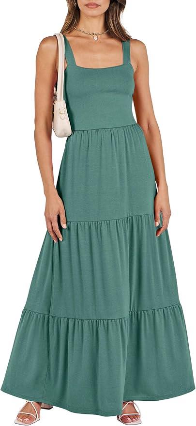ANRABESS Women's Summer Casual Long Maxi Beach Vacation Dresses Sleeveless Square Neck Flowy Tiered Sun Dress with Pockets, M