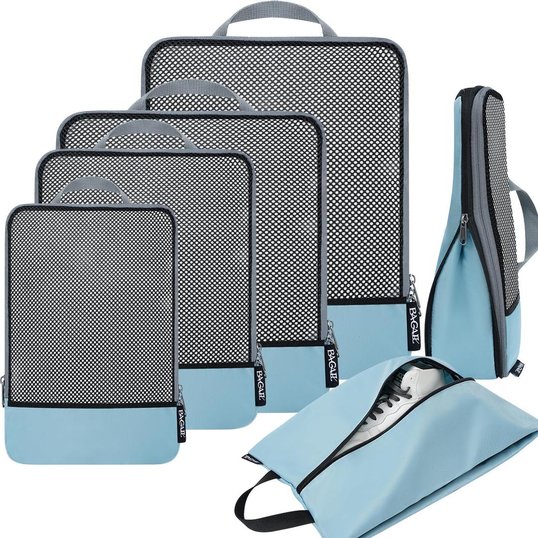 BAGAIL 4 Set/6 Set/8 Set Compression Packing Cubes Travel Accessories Expandable Packing Organizers(Dusty Blue HalfMesh 6 Set) (6-Dusty Blue)