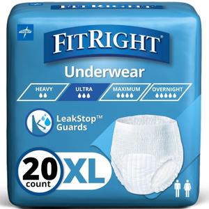 FitRight Ultra Protective Incontinence Underwear, Heavy Absorbency, XL, 56 to 68", 20 Count (White, XL)