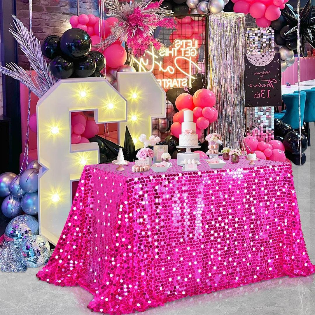 LuoluoHouse Sequin Tablecloth Rectangle Table: 50x106 Inch Payette Fabric Hot Pink Table Cloth for Birthday Parties Birthday Valentine's Day Decorations
