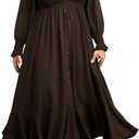 CICIDUDU Plus Size Smocked Casual Maxi Dress for Curvy Women Long Sleeve Sweetheart Neckline Fall Dresses Button Down (Brown, XL)