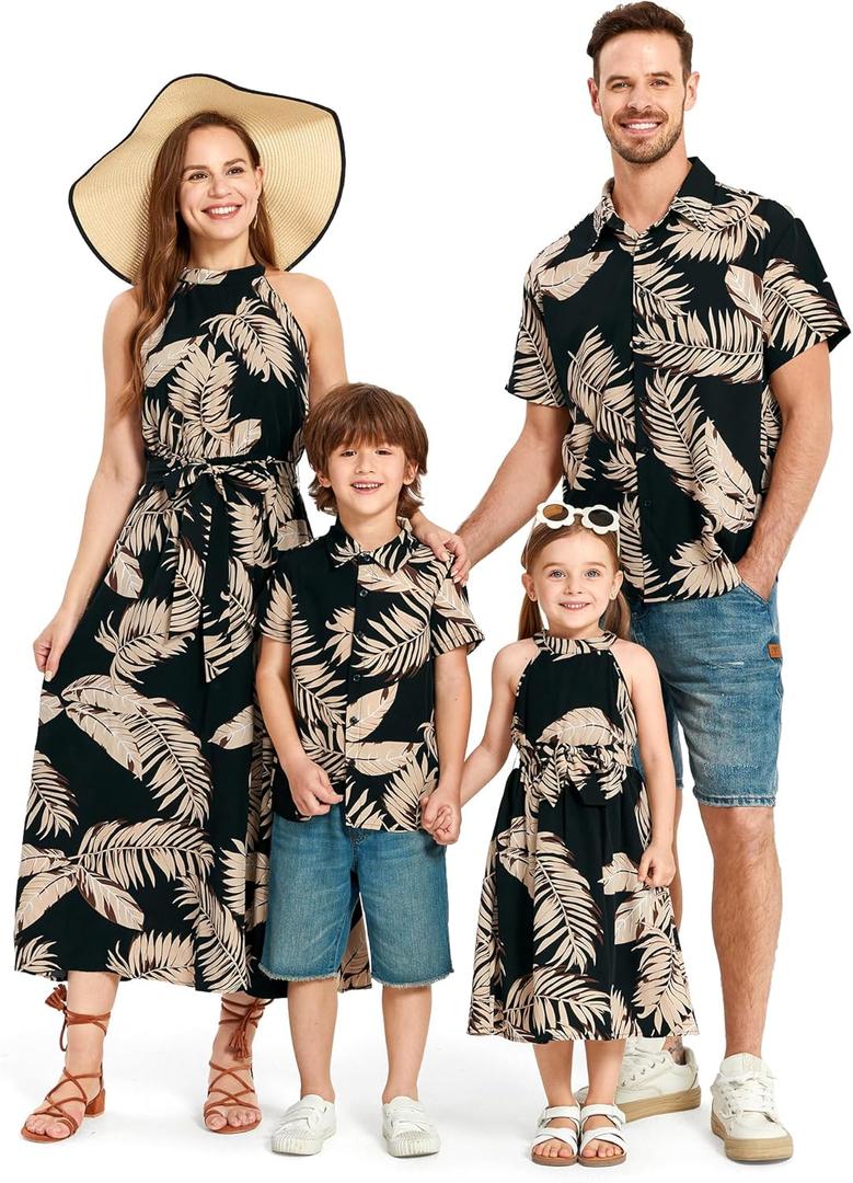 PATPAT Family Hawaiian Matching Outfits Mommy and Me Outfits Caribbean Vacation Summer Tropical Halter Sundresses and Shirts (Large, Black Palm Leaf)
