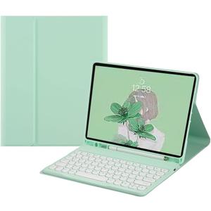 Galaxy Tab A11/A9 (8.7 Inch) Keyboard Case with S Pen Holder, Slim Round Key Cute Candy Magnetically Detachable Wireless Bluetooth Keyboard Cover, Mint Green