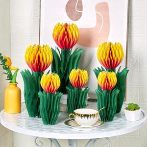 OBBOLO 6 Pcs Tulip Honeycomb Decorations, Spring Decorations for Office, Spring Table Decor, Tulip Party Decorations, Spring Centerpieces for Tables for Mothers Day Spring Party, Womens Day (Orange)