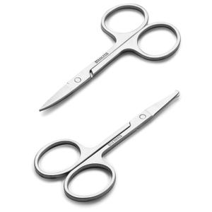 Facial Hair Small Grooming Scissors For Men Women - Eyebrow, Nose Hair, Mustache, Beard, Eyelashes, Ear Trimming Kit - Curved and Rounded Safety Tip Clippers For Hair Cutting - 2PCS Silver (2PCS Without Cover)