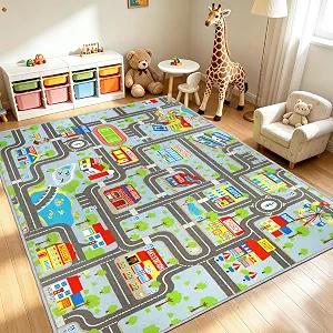 Kids Carpet Playmat Rug 6'6''x9'8'', Kids Rugs for Bedroom, Non-Slip Town City Road Map Car Rugs for Kids Toy Cars, Track Carpet Play Rug for Playroom Classroom Decor (Sky Blue)