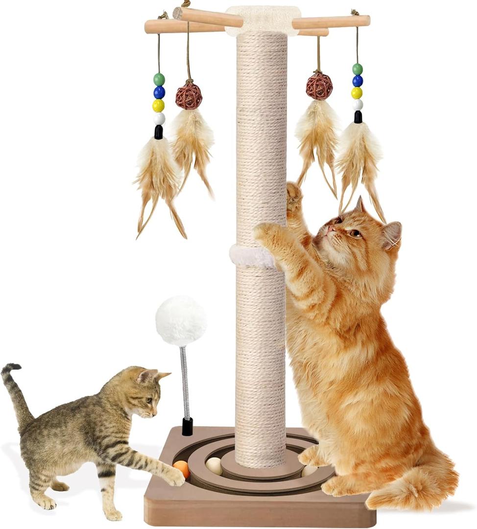 Tall Cat Scratching Post, 33 Inches, Sisal, Interactive Furniture Toys for Indoor Cats Adults, 2 Mounting Methods Large Scratcher Tree Tower with Hanging and Ball Track, Activity Center for All Ages