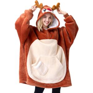 Giggling Getup Wearable Blanket Hoodie for Women Men Sherpa Fleece Hooded Blanket Sweatshirt Warm Cozy Sherpa Wearable Throw Oversized Hoodie with Giant Pocket & Sleeves for Adult Christmas Reindeer (Dark Brown Reindeer)