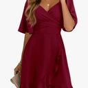 Dokotoo Women's Wrap V Neck Short Flared Sleeve Wedding Guest Dress Smocked Elastic Waist Tiered Belted Ruffle Hem Mini Dress Size L