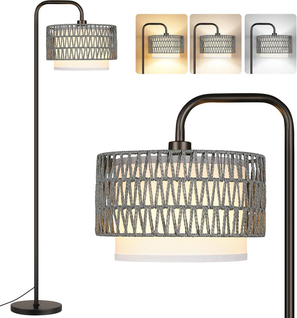 PARTPHONER 68Floor Lamp for Living Room, Tall Standing Lamp with Remote 3 Color Temperatures Dimmable Bulb, Gray Rattan and Fabric Dual Shades