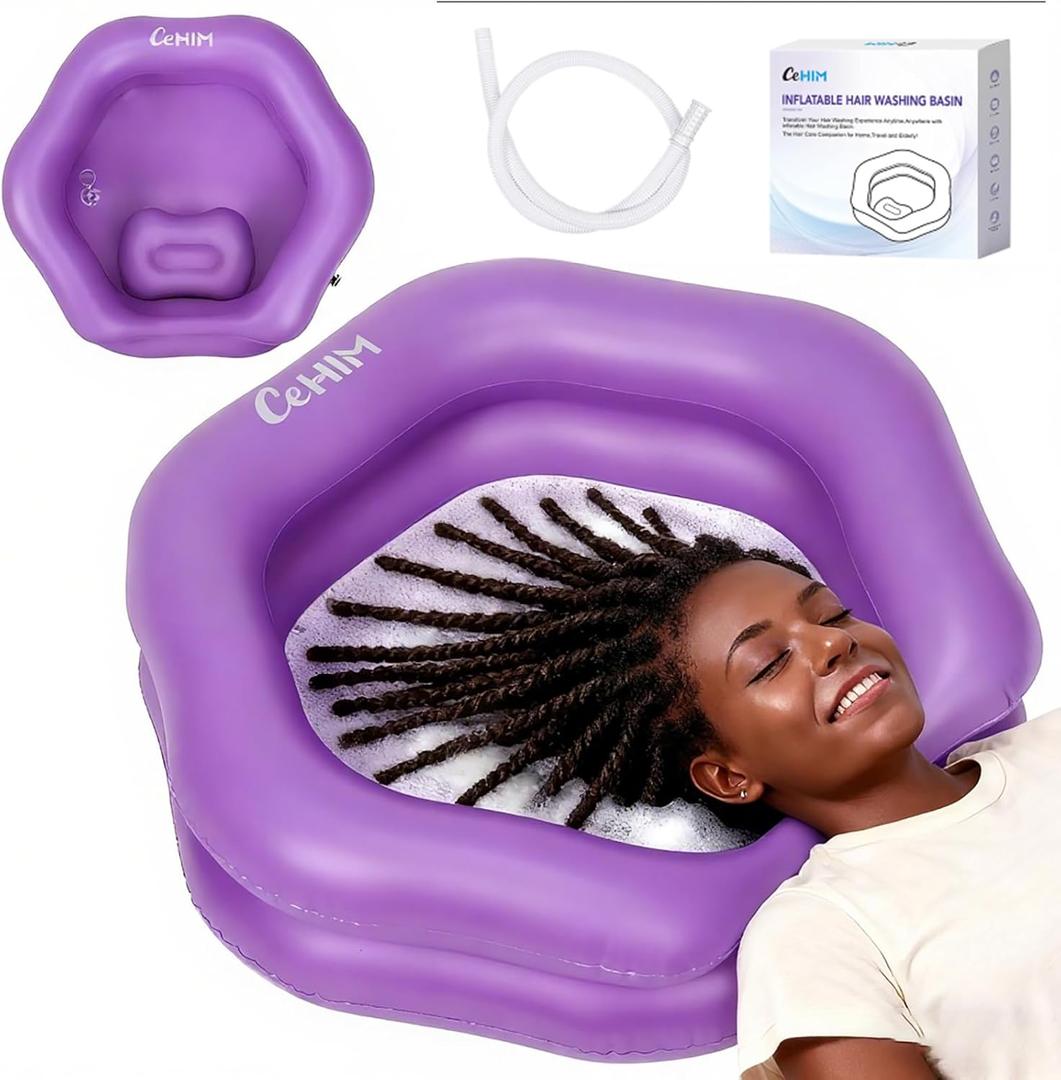 Inflatable Shampoo Basin for Bedridden Elderly & Disabled - Portable Leak-Proof Hair Washing Bowl with 360 Neck Support, Large Petal-Shape & Easy-Drain Pull Ring (Purple)