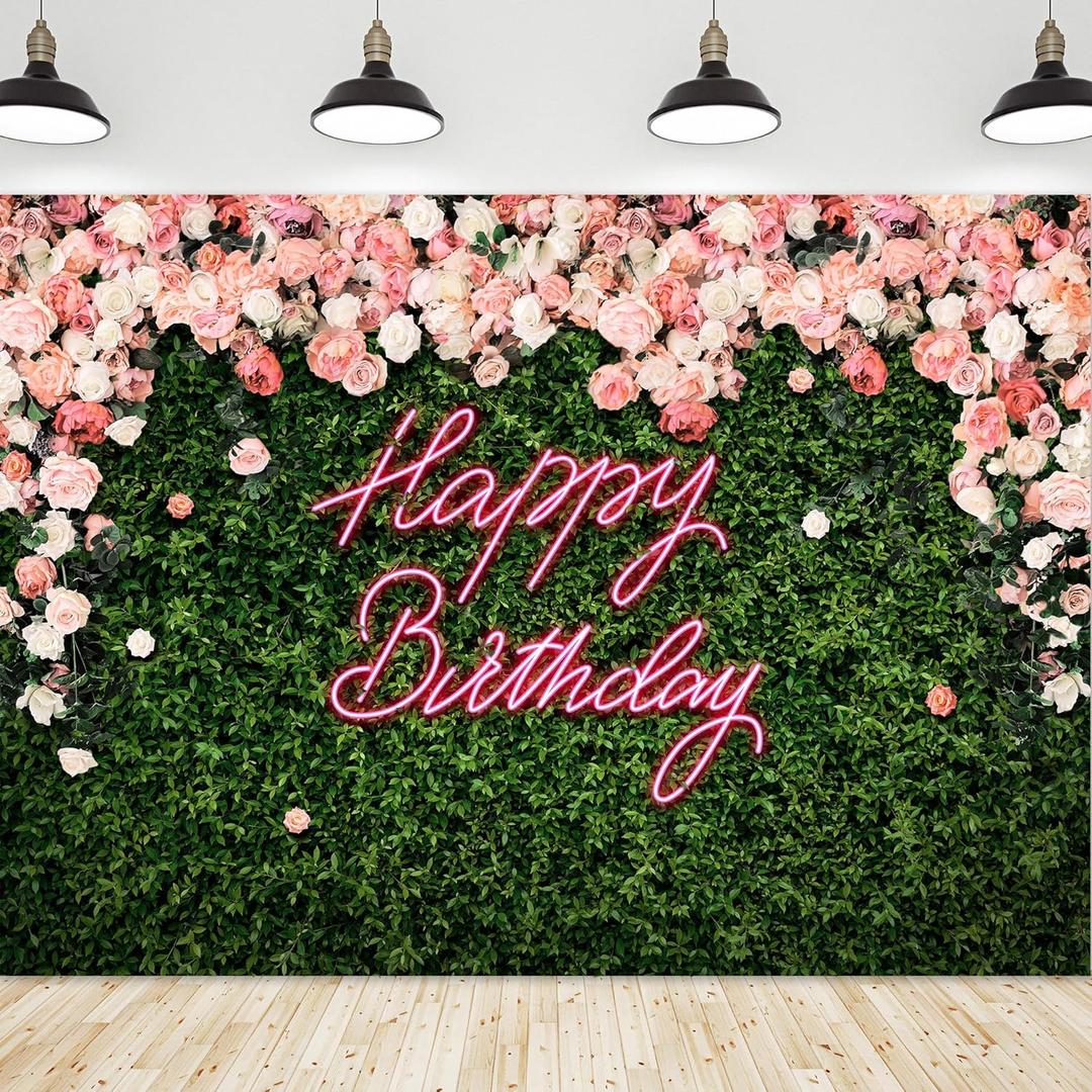 Riyidecor Green Leaves Happy Birthday Backdrop Polyester Fabric Neon Pink Floral Rose Flower Blossom Botanical Plant Nature 8Wx6H Feet Girls Women Photography Background Birthday Photo Studio Shoot (A-Birthday Green Rose)