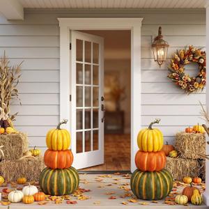 Hoteam 2 Pcs 14" Artificial 3 Tier Stacked Pumpkin Tower Autumn Fall Decor