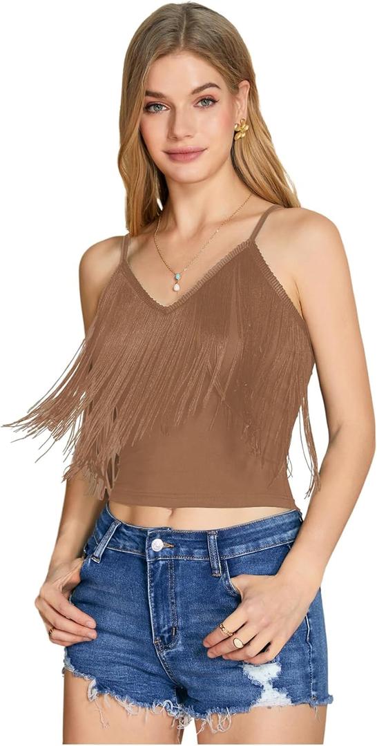 Sweaty Rocks Women's Fringe Summer Tops (XL, Brown)