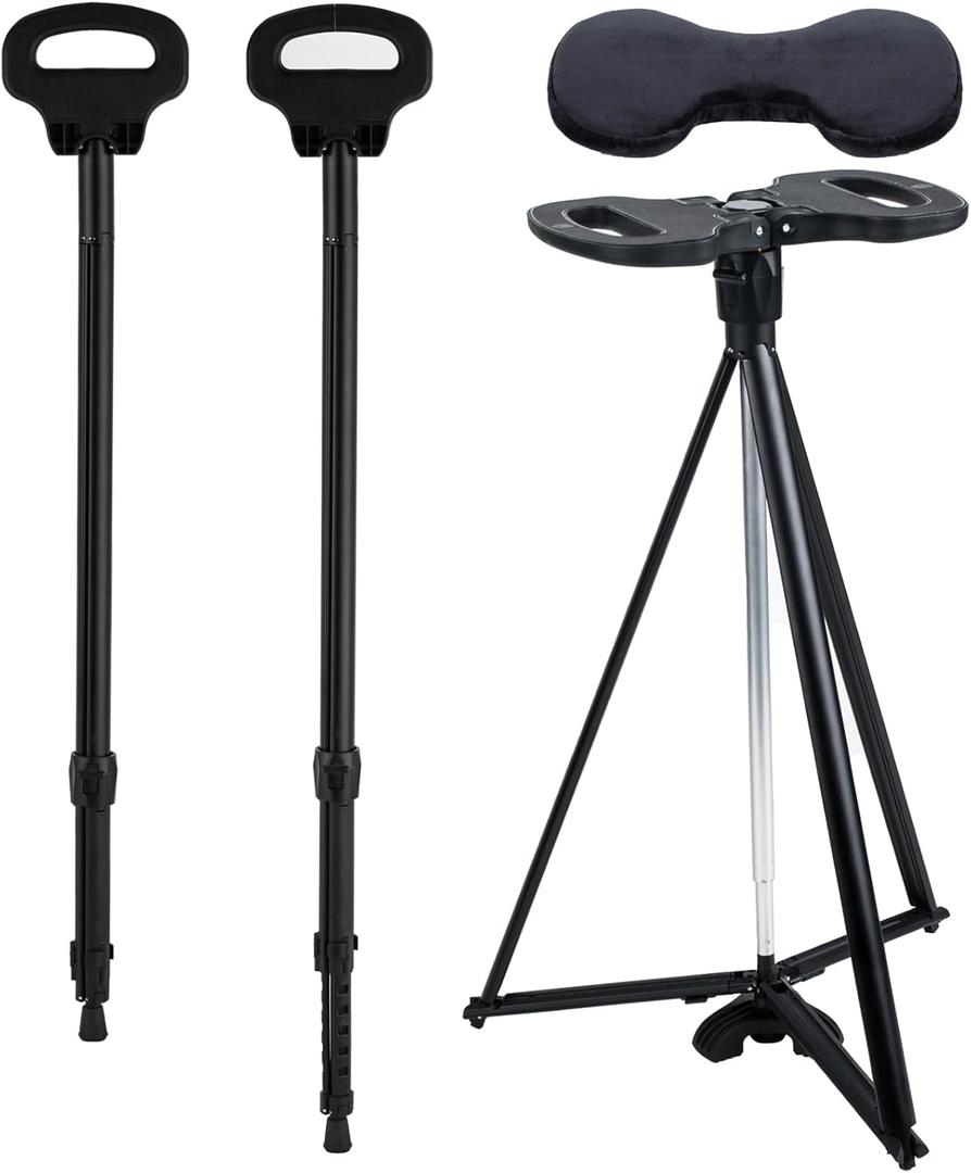 Walking Stick With Seat - Adjustable Portable Cane, Foldable Stool With 2 Bases, Pocket Storage Bag and Removable Cushion - Aluminum Lightweight Mobility Aid Crutch (Extendable, black)