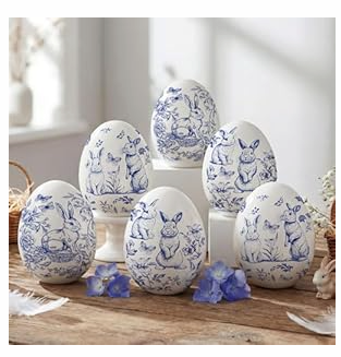 DoubleFill 6 Pcs Ceramic Blue and White Easter Eggs Chinoiserie Porcelain Eggs Spring Basket Bowl Filler Rustic Decorative Farmhouse Ornaments for Easter Home Trays Holiday Party Decorations