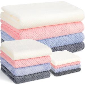 Preboun 12 Pcs Bath Towels and Washcloths 4 Sets Microfiber Bathroom Beach Pool Towel Set Quick Dry Coral Velvet Highly Absorbent for Fitness Sports Shower Travel Spa Hotel(Multicolor)