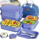 Adults Bento Box with Insulated Lunch Bag, 74oz Capacity 3 Stackable Leak-Proof Bento Box Built-In Utensil and Sauce, PFAS & BPA-Free, Microwave & Dishwasher Safe (Mist Purple)