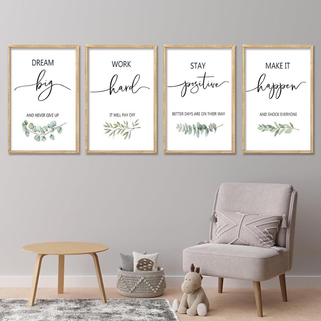 Set of 4 Inspirational Quotes Wall Art 16x11 Inch Encouraging Office Wooden Framed Positive Affirmations Home Family Decor Sign Motivational Plaque Wall Hanging Decoration (Wood)