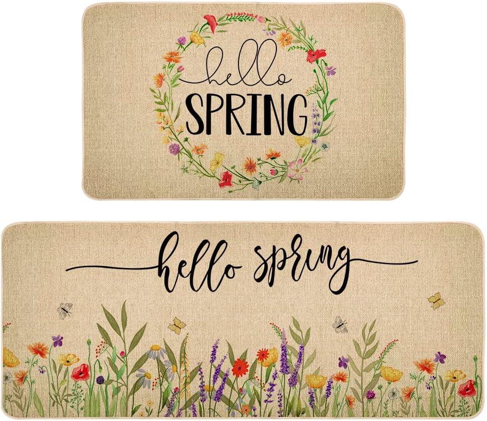 Decorhua Hello Spring Kitchen Mats Set of 2, Seasonal Floral Anniversary Wedding Holiday Low-Profile Floor Mat Non-Slip Absorbent Home Kitchen Rugs 17x29 and 17x47 Inch DM065