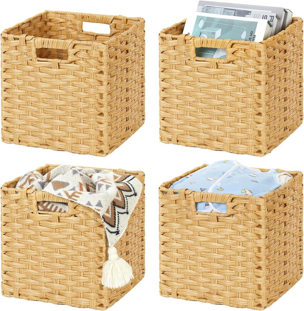 DULLEMELO Wicker Storage Cube Set - 11 Inch Wicker Baskets with Handles for Organizing Shelves, Natural - Set of 4